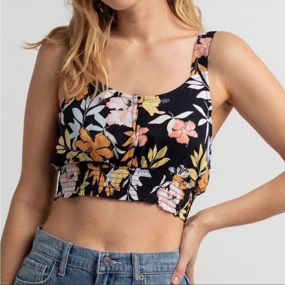 NWT Roxy Sea Fog Button Front Floral Cropped Top - Picture 2 of 7